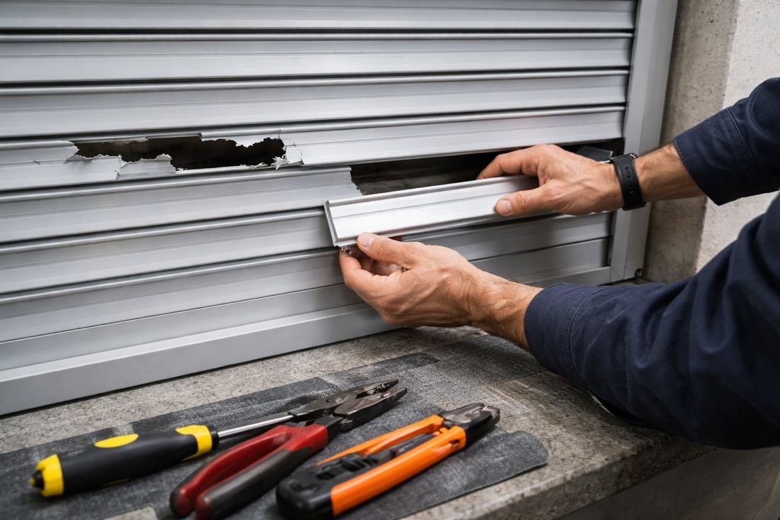 Técnico sustituyendo lamas de persiana de aluminio en Cambrils